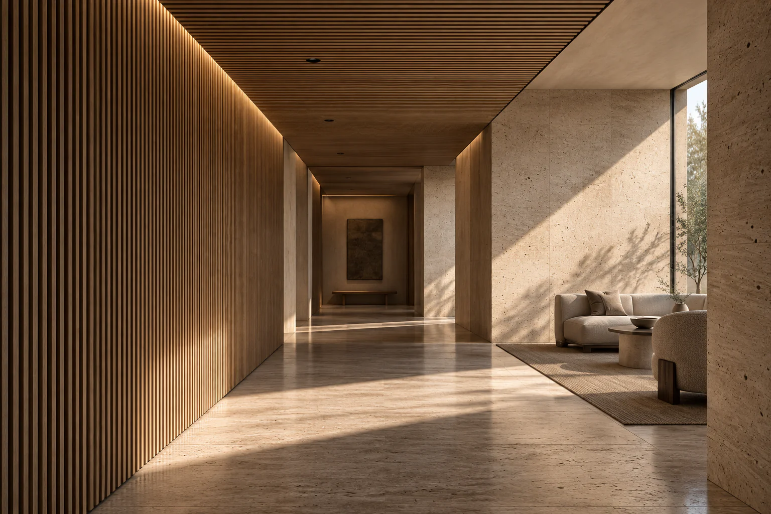 Conceptual hotel interior with lighting and acoustic surface details.