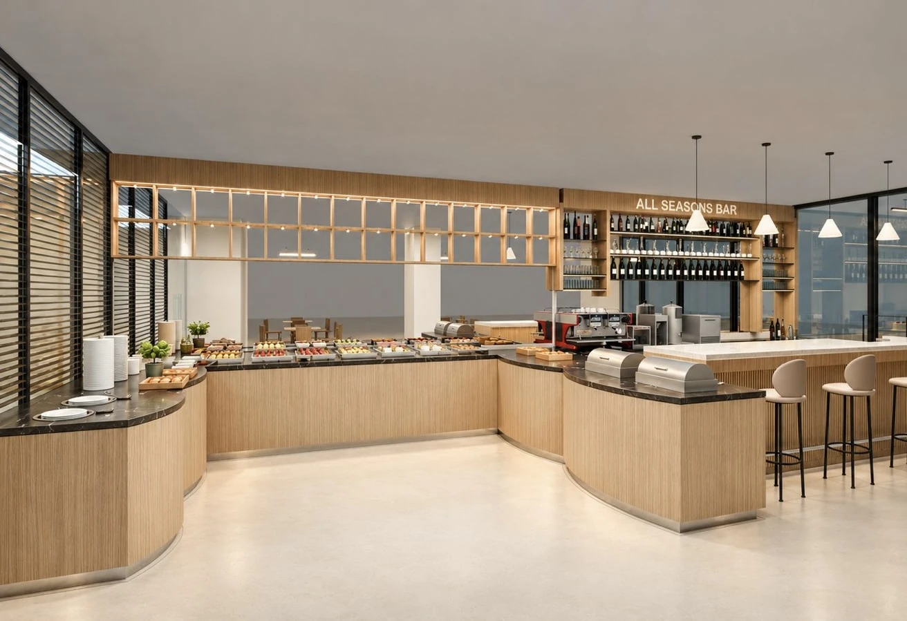 All Seasons Hotel renovation design — overview of the bar and breakfast area.