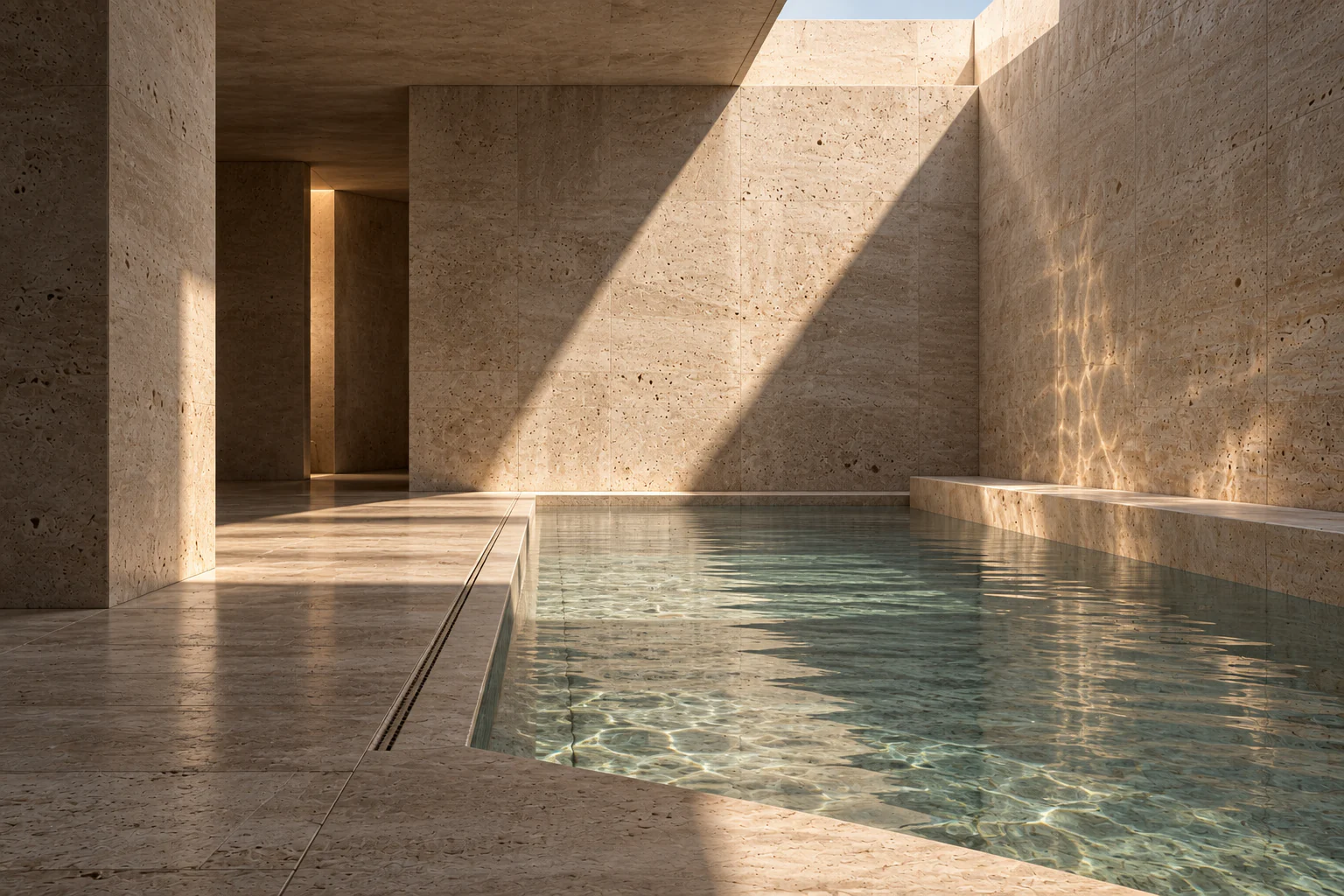 Conceptual spa interior with warm stone surfaces and natural light.