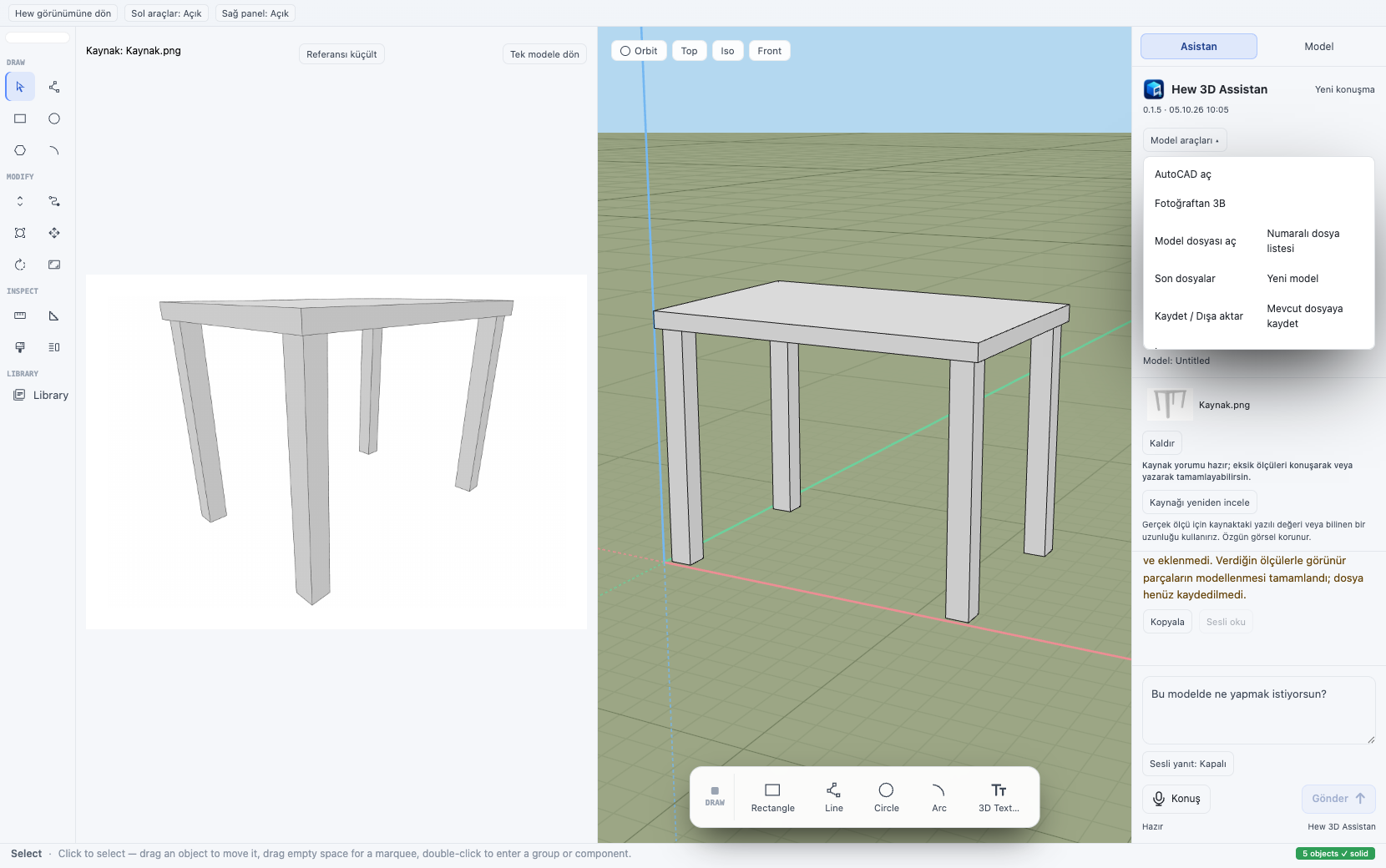 An archived 3D Asistan test with the source table image, editable model and assistant panel side by side.