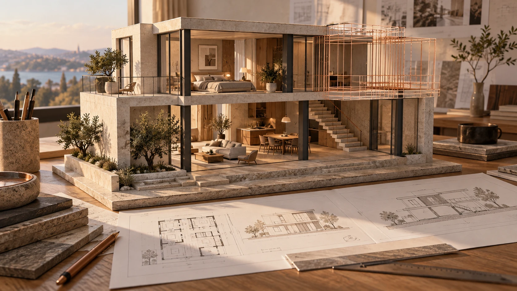 A two-storey architectural model and drawings using stone, glass and copper lines.