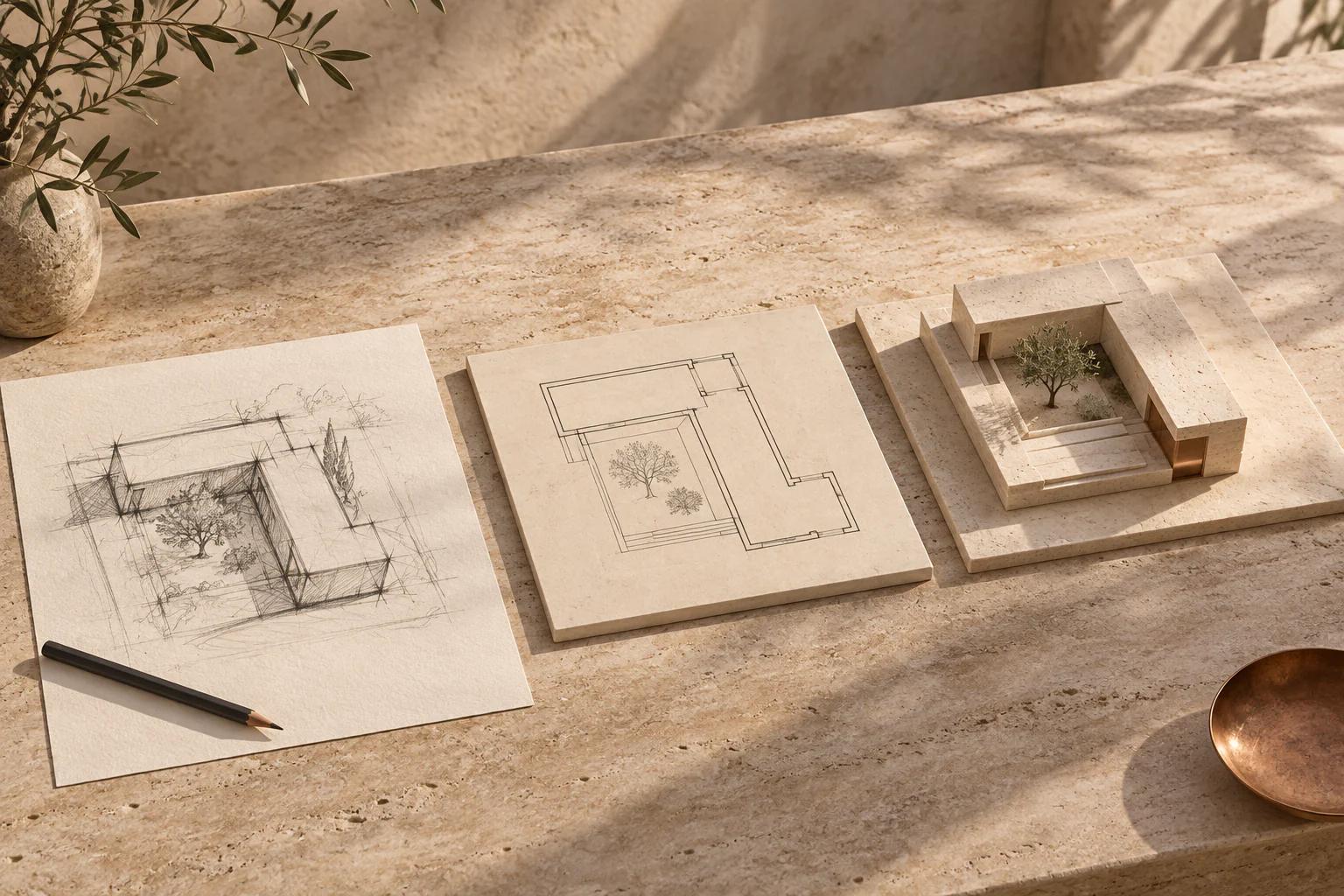 Study illustrating the transition from a sketch to linework and a volume.