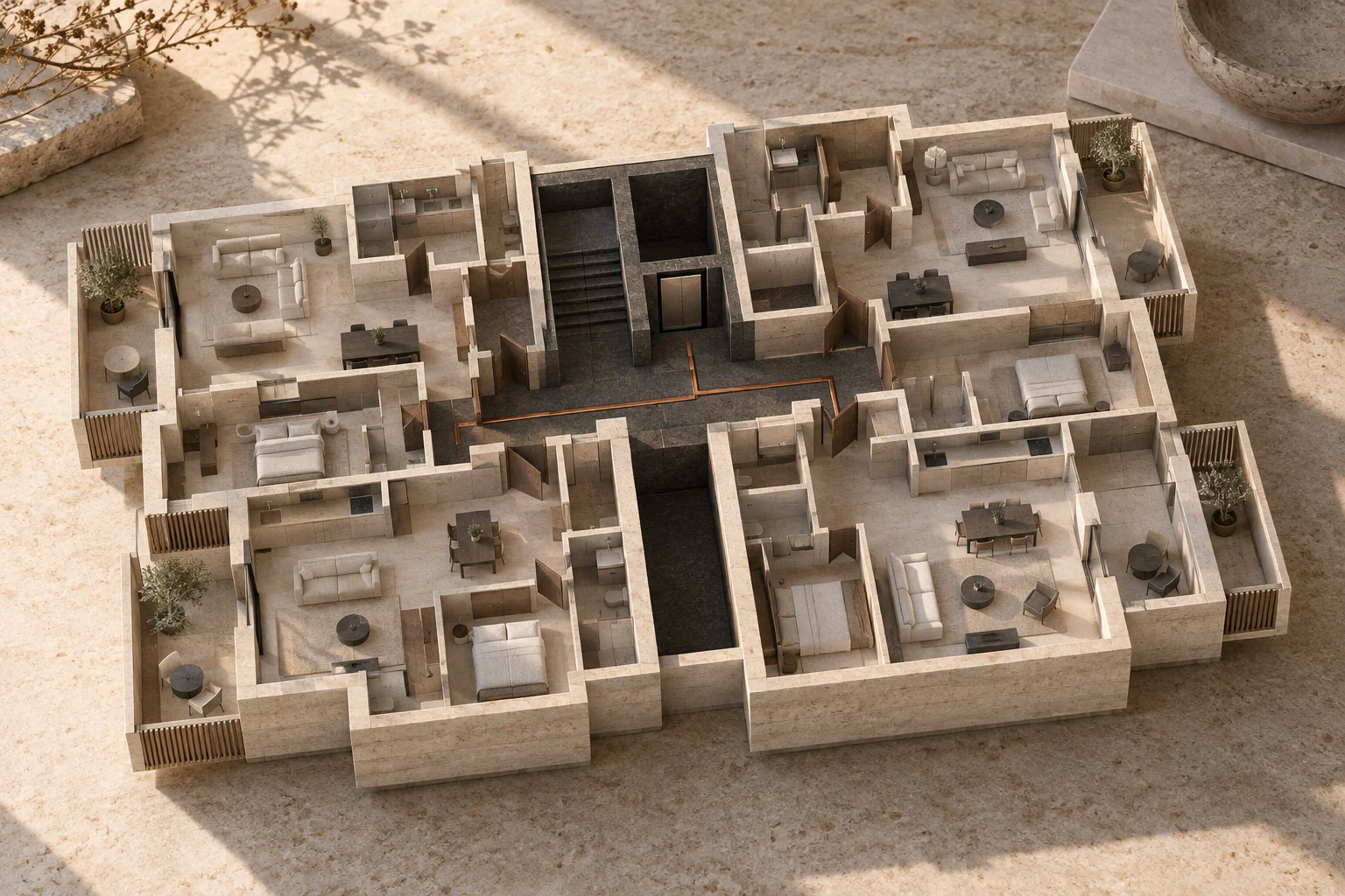 Floor model illustrating a shared circulation core and apartment arrangements.