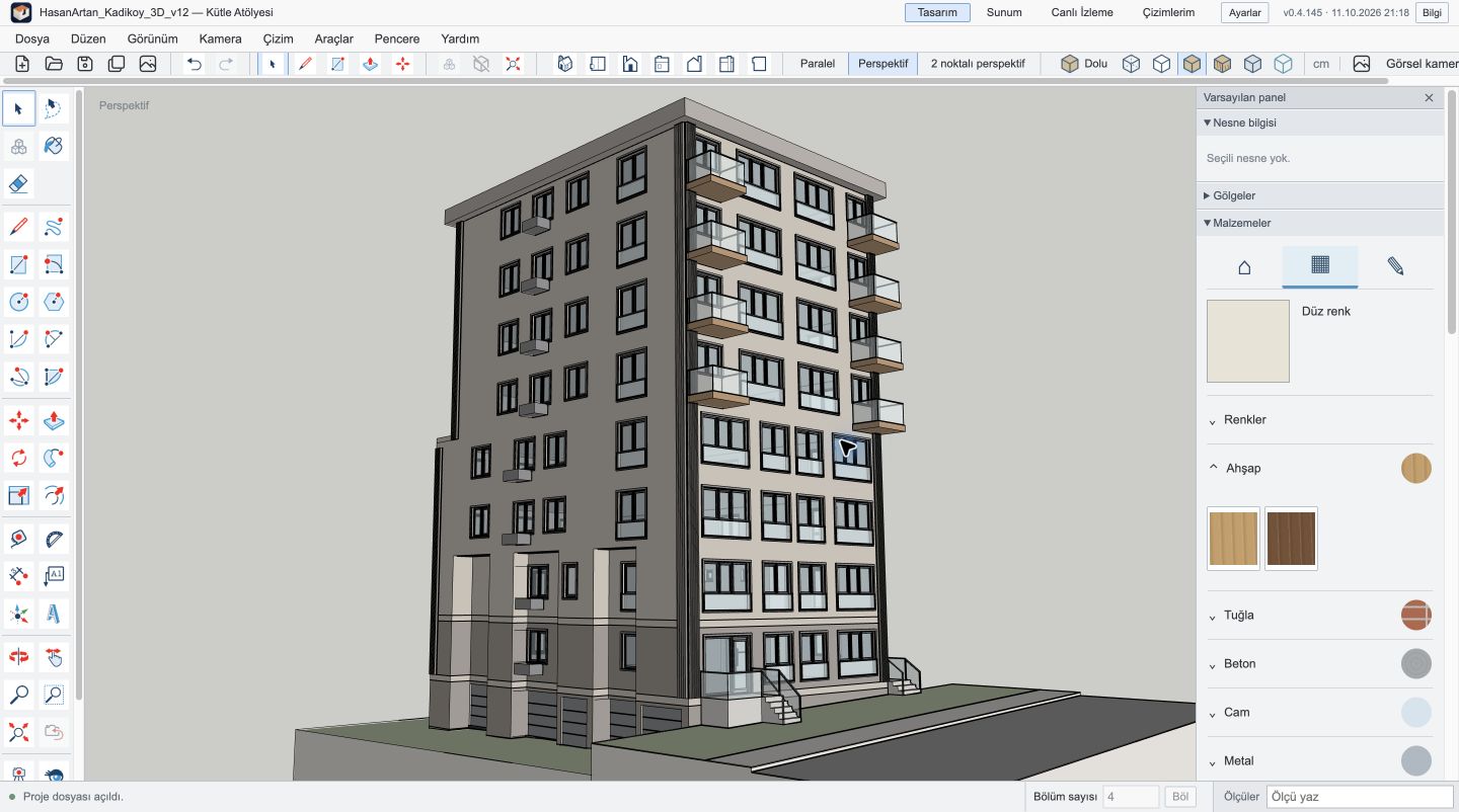 Hasan Artan Kadıköy apartment building model and modelling tools in the Kütle Atölyesi workspace.