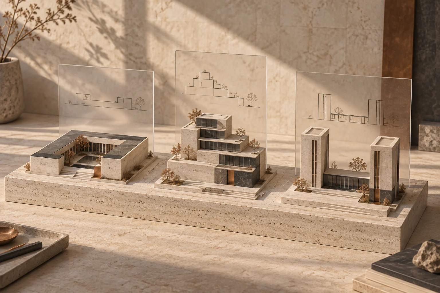 Three building-mass alternatives illustrating changes in design conditions.