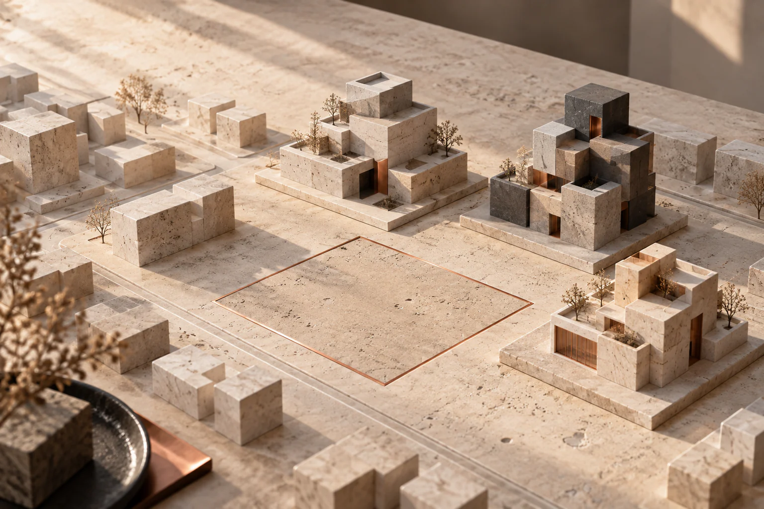 A conceptual model illustrating a parcel and building masses in an urban setting.