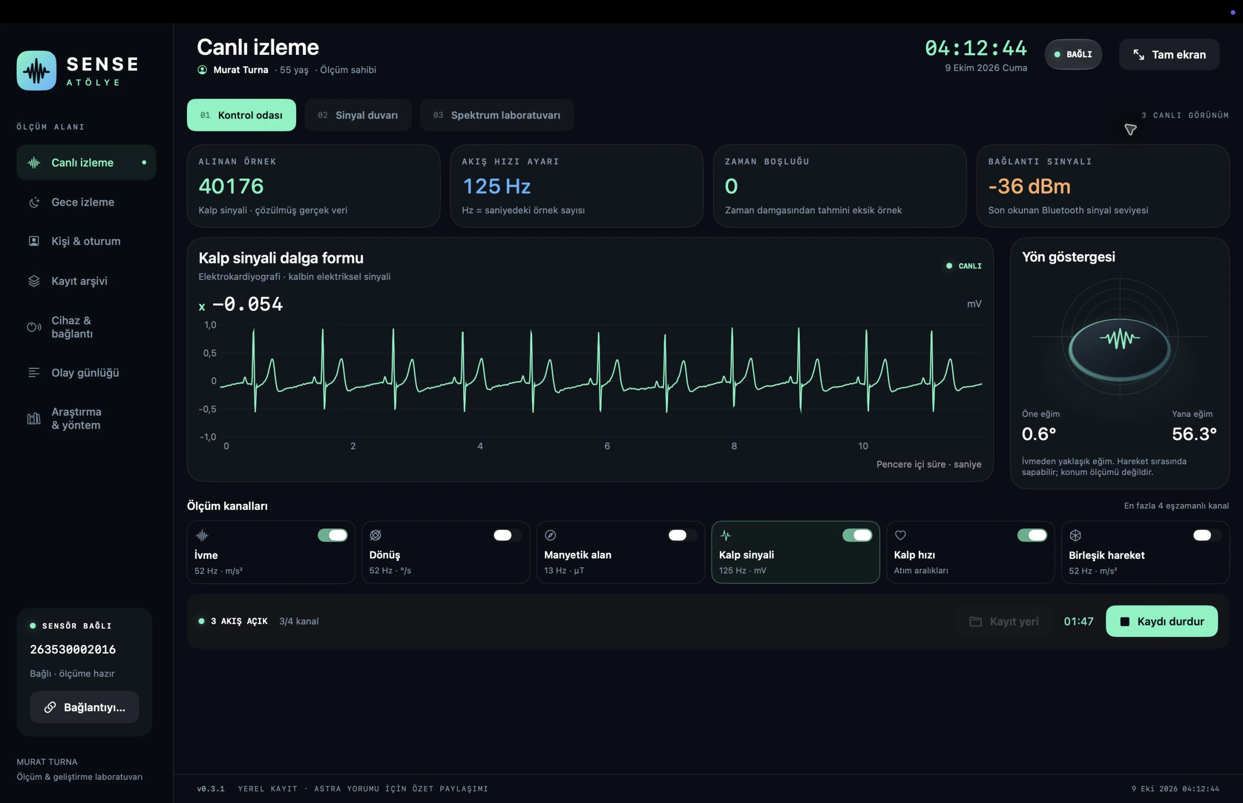 Live ECG waveform, measurement channels and local recording bar in the Sense Atölye 0.3.1 Mac panel.