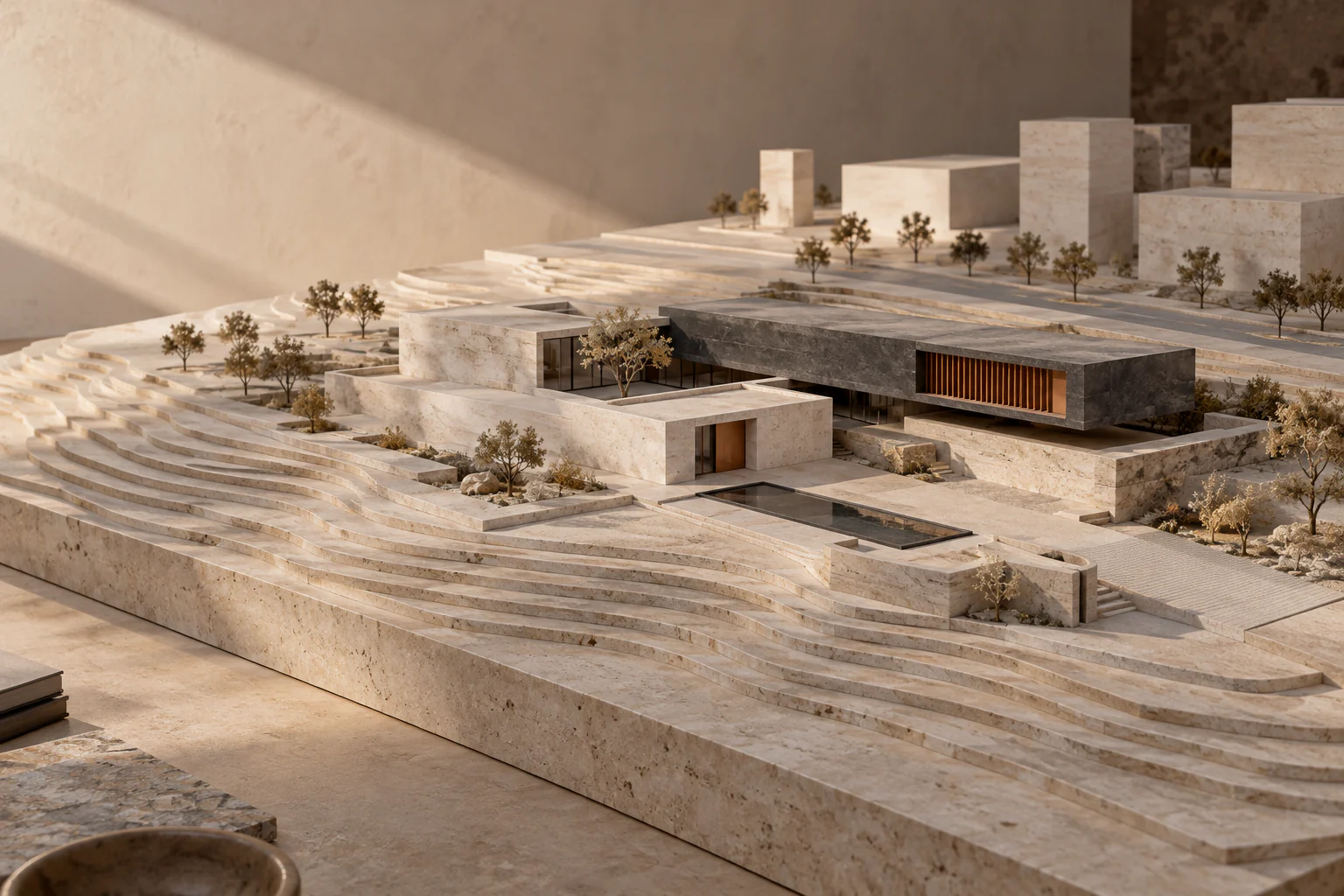 Architectural model illustrating terrain, building placement and sunlight.